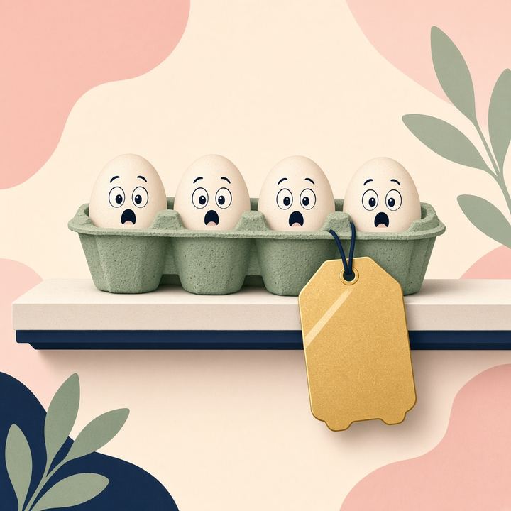 Four cartoon eggs on a shelf looking shocked, with a blank gold price tag hanging below.