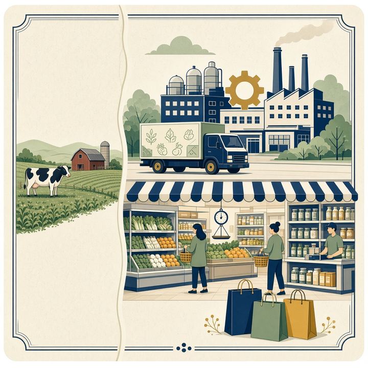 A farm cow on one side, a factory truck and grocery store on the other.