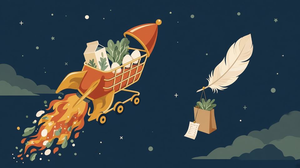 A grocery cart blasting off like a rocket, next to a shopping bag hanging from a feather.
