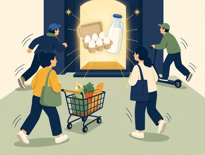 Shoppers drawn toward a store window displaying cheap eggs and milk.
