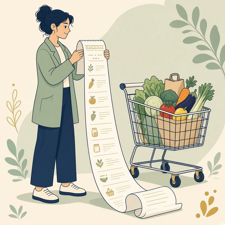 A shopper holding a grocery receipt that unrolls to the floor beside a full cart.