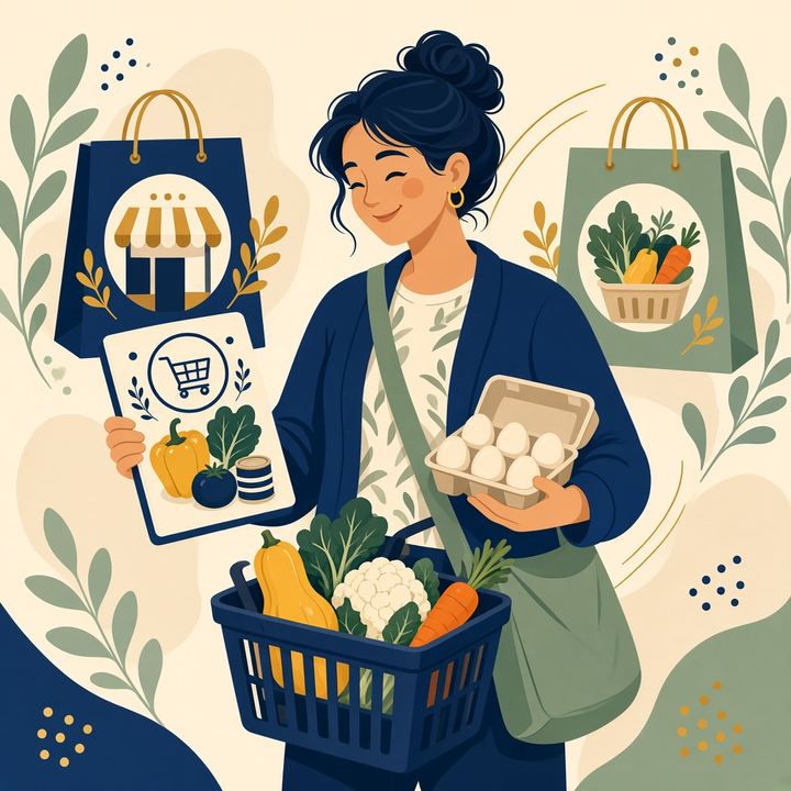 A shopper comparing a circular and an egg carton while carrying a basket of vegetables.