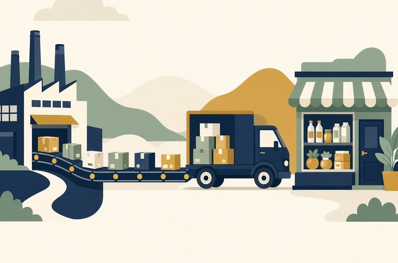 Boxes leaving a factory, riding a truck, and arriving at a small grocery shop.